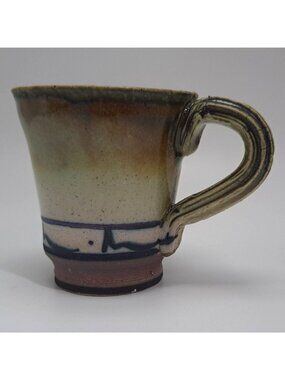 Studio Artisan Pottery Mug Green Brown Glaze Line Accent Rustic Coffee Cup